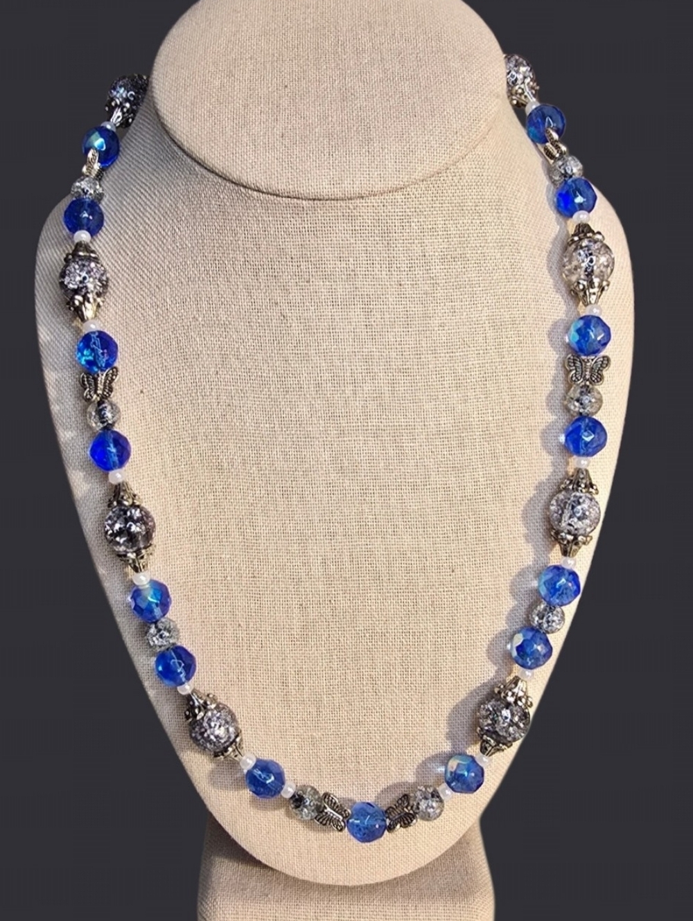 Blue And Crackle Glass Beaded Necklace